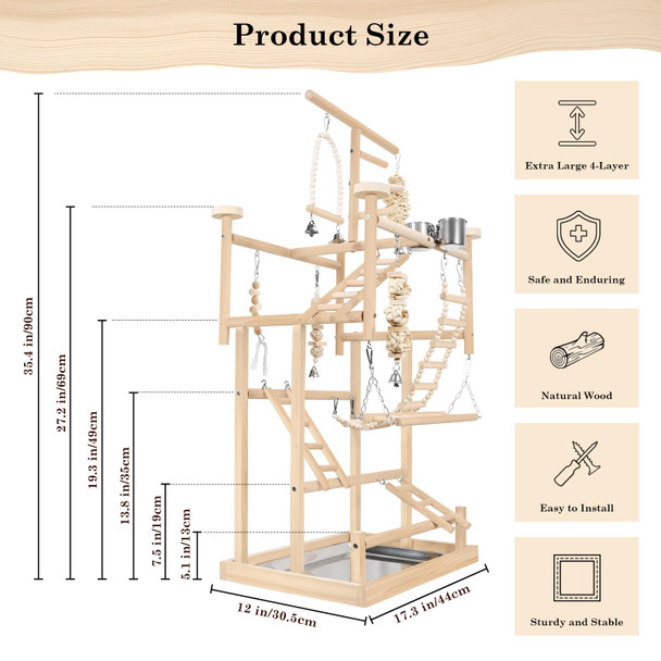 Joinsi Wood Pet Parrot Playground Bird Play Stand Toys Perch With Feeder Cups For Cockatiel Parakeet Lovebirds Conure