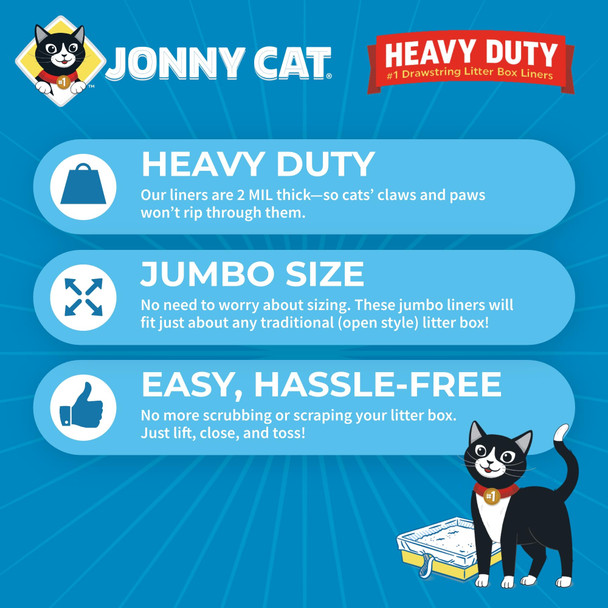 Jonny Cat Litter Box Liners: Heavy Duty - Tear & Leak Resistant - Drawstring Close - Jumbo 15 Count
