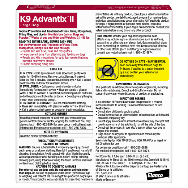 K9 Advantix Ii Large Dog Vet-Recommended Flea Tick & Mosquito Treatment & Prevention Dogs 21-55 Lbs. 1-Mo Supply