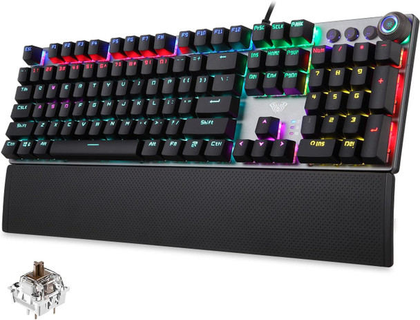 AULA True Mechanical Keyboard Wired LED Rainbow Backlit Gaming Keyboard with Tactile Brown Switches Detachable Wrist Rest, Full Size 108 Keys Anti-Ghosting Computer Mechanical Keyboard - Black AULA True Mechanical Keyboard Wired LED Rainbow Backlit Gaming Keyboard with Tactile Brown Switches Detachable Wrist Rest, Full Size 108 Keys Anti-Ghosting Computer Mechanical Keyboard - Black