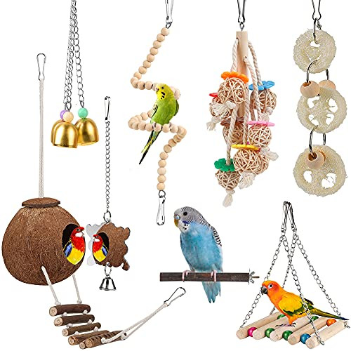 Lovyococo For Parakeet Conure Cockatiel Love Birds Parrots - Bird Cage Hammock With Ladder Hanging Bell Swing Chewing Toy
