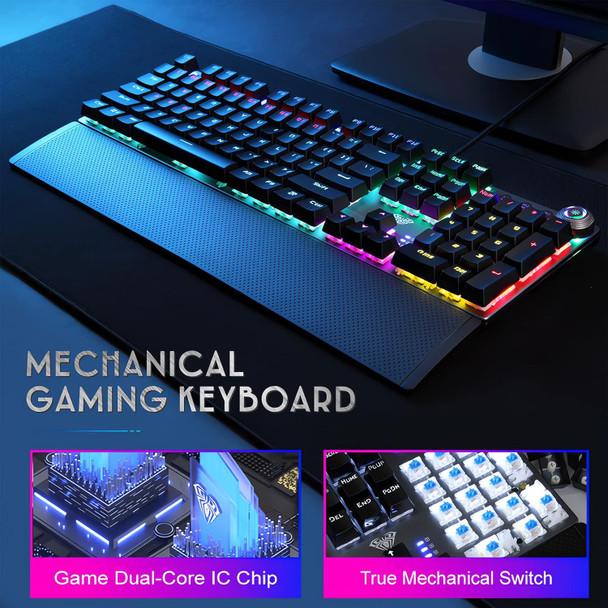 AULA Mechanical Gaming Keyboard Blue Switches,Rainbow LED Backlit,Ergonomic Wrist Rest,Aluminum Base,Full Size 108 Keys Anti-Ghosting,Macro Programmable Computer Keyboard Wired for PC Laptop AULA Mechanical Gaming Keyboard Blue Switches,Rainbow LED Backlit,Ergonomic Wrist Rest,Aluminum Base,Full Size 108 Keys Anti-Ghosting,Macro Programmable Computer Keyboard Wired for PC Laptop