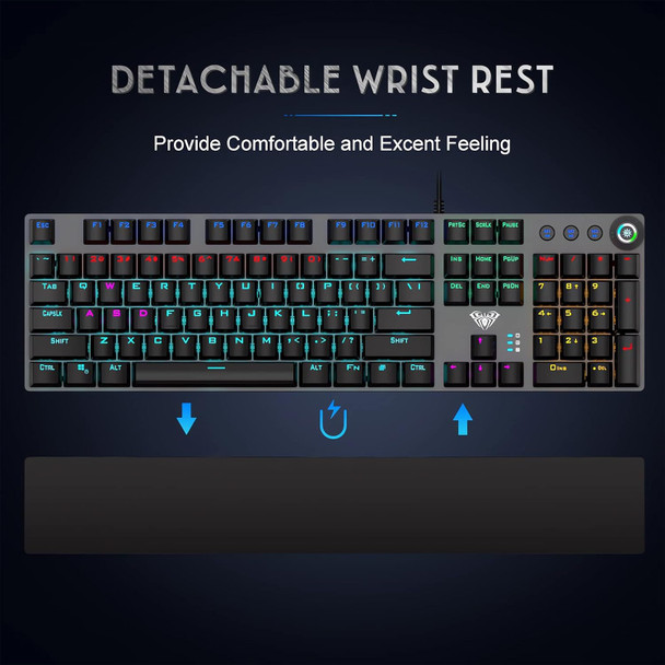 AULA Mechanical Gaming Keyboard Blue Switches,Rainbow LED Backlit,Ergonomic Wrist Rest,Aluminum Base,Full Size 108 Keys Anti-Ghosting,Macro Programmable Computer Keyboard Wired for PC Laptop AULA Mechanical Gaming Keyboard Blue Switches,Rainbow LED Backlit,Ergonomic Wrist Rest,Aluminum Base,Full Size 108 Keys Anti-Ghosting,Macro Programmable Computer Keyboard Wired for PC Laptop