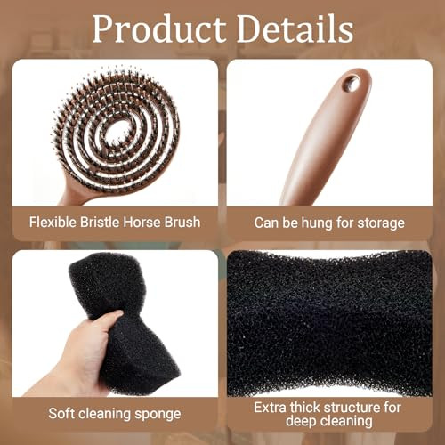 Maxdot 5 Pcs Horse Mane And Tail Brush With 4 Grooming Sponges Horse Brush Kit For Grooming Scrubber Massager Livestock Cow Bathing Supplies Shedding Tool For Equestrians & Owners