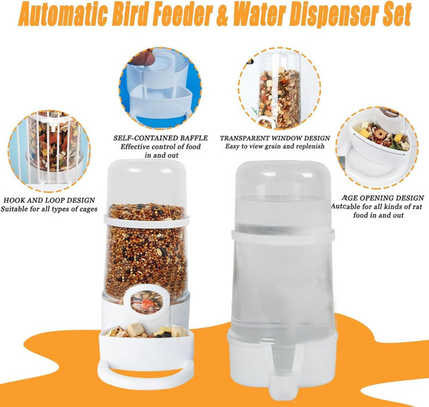 Mdakego 2 Pieces Bird Feeder Water Dispenser Automatic Bird Feeder And Drinker Set For Cage No Mess Hanging Parrot Food Bowl Parakeet Cage Accessories For HamstersPigeonsParrot (A)