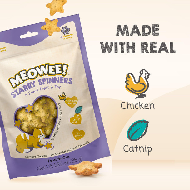 Meowee Starry Spinners Cat Treat 2.8 Ounce 2-In-1 Treat & Toy Made With Real Chicken Chicken Liver & Catnip Encourages Playfulness & Low Calorie