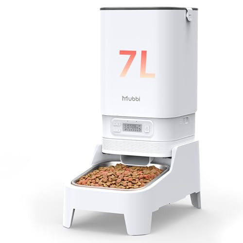 Mubbi Automatic Cat Feeder With Elevated Stand 7L/29 Cups Automatic Dog Feeder Cat Food Dispenser No-Jam Up To 6 Meals For 2-15 Mm Dry Food Stainless Steel Bowl No Spinal Pressure