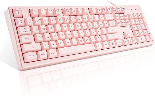 Basaltech Pink Keyboard with 7-Color LED Backlit, 104 Keys Quiet Silent Light Up Keyboard, 19-Key Anti-Ghosting Cheap Gaming Keyboard Mechanical Feeling Waterproof Wired USB for Computer, Mac, Laptop Basaltech Pink Keyboard with 7-Color LED Backlit, 104 Keys Quiet Silent Light Up Keyboard, 19-Key Anti-Ghosting Cheap Gaming Keyboard Mechanical Feeling Waterproof Wired USB for Computer, Mac, Laptop