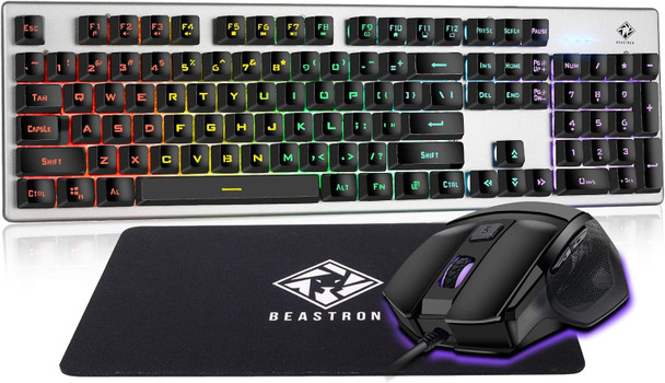 Beastron Gaming Keybaord and Mouse Gaming Mouse Pad, LED Rainbow Backlit USB Wired Computer Keyboard 104 Keys Mechanical Feel Gaming Keyboard Set for Windows PC Gamer, Black Beastron Gaming Keybaord and Mouse Gaming Mouse Pad, LED Rainbow Backlit USB Wired Computer Keyboard 104 Keys Mechanical Feel Gaming Keyboard Set for Windows PC Gamer, Black