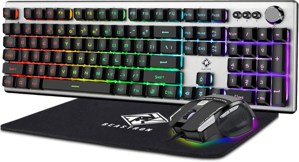 Beastron RGB Backlit Gaming Keyboard with Mouse Combo and Mouse pad, Multimedia Keyboard Knob,Mechanical Feel USB Wired Keyboard for Windows PC Beastron RGB Backlit Gaming Keyboard with Mouse Combo and Mouse pad, Multimedia Keyboard Knob,Mechanical Feel USB Wired Keyboard for Windows PC