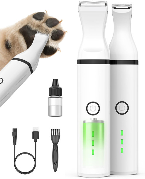 Oneisall Dog Paw Trimmer Cordless Paw Hair Trimmer For Dogs With Double Blades Quiet 2 Speed Small Dog Grooming Clippers For Paws Eyes Ears Face Rump (White)