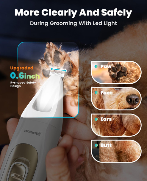 Oneisall Quiet Dog Clippers For Grooming Led Light Cordless Dog Grooming Kit 4 In 1 2000Mah Pet Clippers Paw Trimmer Nail Grinder For Paw Nail Face Ears Legs Body