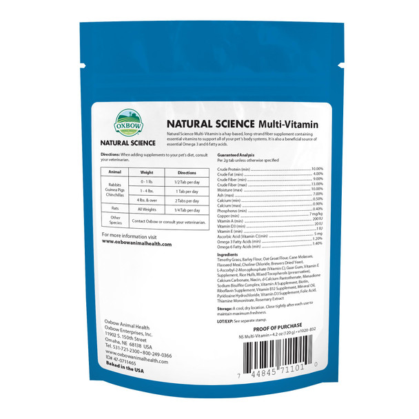 Oxbow Natural Science Multi-Vitamin High Fiber Supplement For Rabbits & Guinea Pigs Made With Timothy Hay Multi-Pet Households Omega 3 & 6 Fatty Acids Made In Usa 4.2 Oz Bag