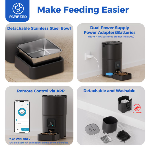 Papifeed 2.4G Wifi Automatic Cat Feeder 6L/25Cup Automatic Pet Feeder With App Control For Remote Feeding Detachable For Easy Clean Cat Food Dispenser With Alexa1-10 Meals Per Day For Dog Black
