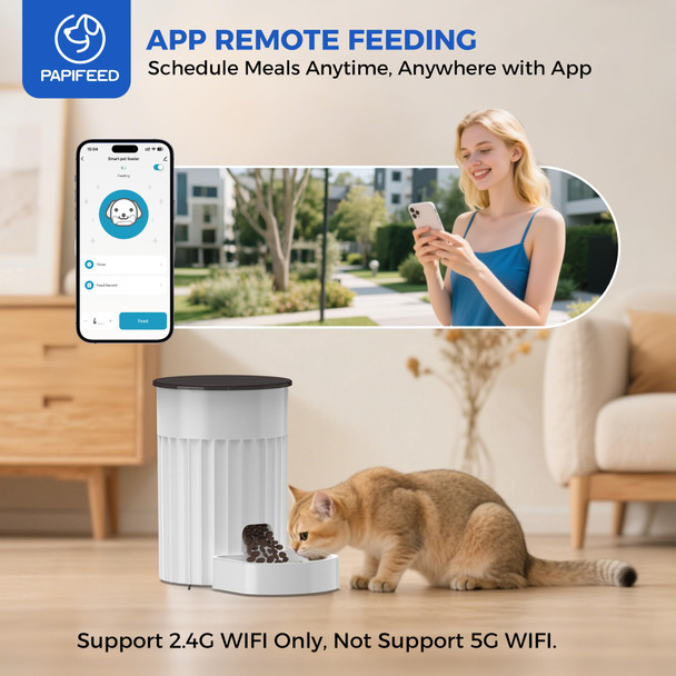 Papifeed Automatic Cat Feeder 3L 2.4G Wifi Auto Pet Food Dispenser For Cats And Small Dogs Timed Cat Feeder Programmable Portion Size With App Control & Alexa 1-10 Meals Per Day (White)