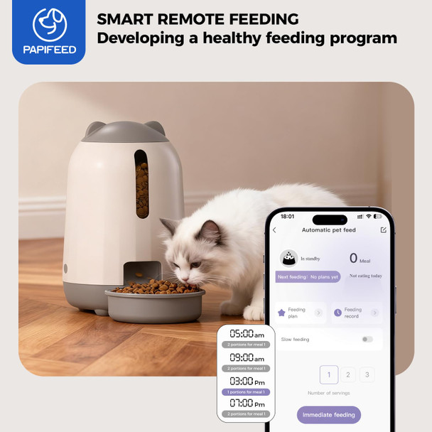 Papifeed Automatic Cat Feeder 2.4G Wifi Auto Cat Food Dispenser With App Control 3L Auto Pet Feeder With Dual Power Supply Detachable For Easy Clean For Cats And Small Dogs Grey