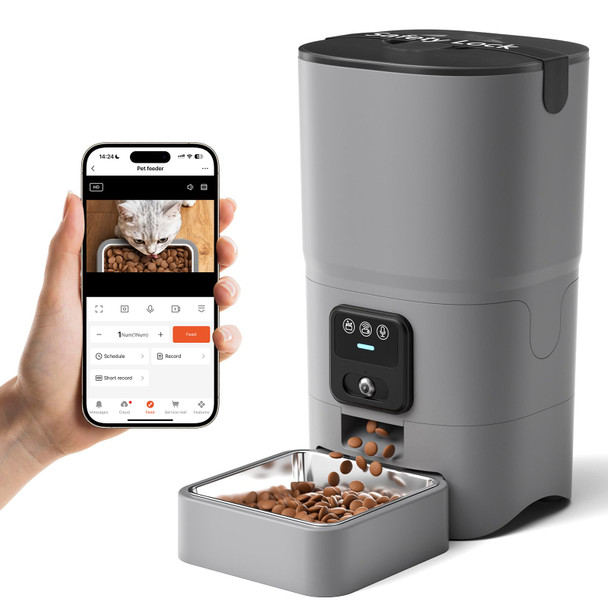 Papifeed Automatic Cat Feeder With Wide-Angle Camera Wifi Pet Feeder With App Control For Remote Feeding Detachable For Easy Clean Dual Power Supply1-10 Meals Per Day For Multiple Pets(Gray)