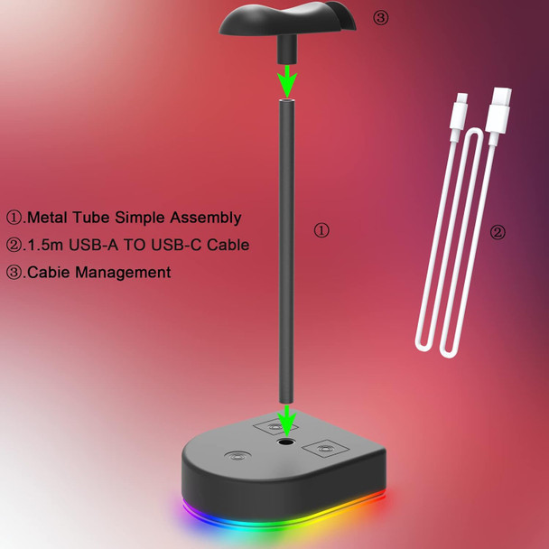 RGB Headphone Stand with USB Charging Port or Hub, Desk Gaming Headset Holder, Durable Hanger Rack Suitable for Desktop Table, Game,Earphone, PC, Gamer Accessories (Black) RGB Headphone Stand with USB Charging Port or Hub, Desk Gaming Headset Holder, Durable Hanger Rack Suitable for Desktop Table, Game,Earphone, PC, Gamer Accessories (Black)
