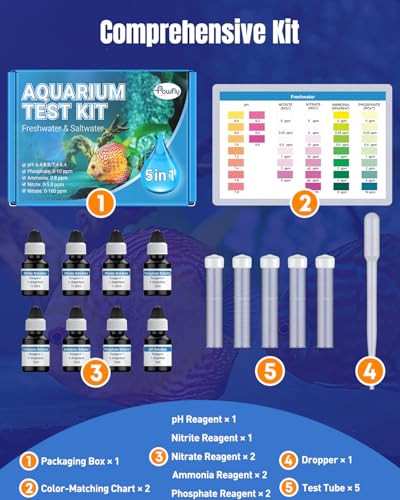 Pawfly 5 In 1 Aquarium Water Master Test Kit Aquarium Water Test Kit Fish Tank Water Testing Kit For Ph Nitrite Nitrate Ammonia & Phosphate Aquarium Test Kit For Freshwater & Saltwater Fish Tanks