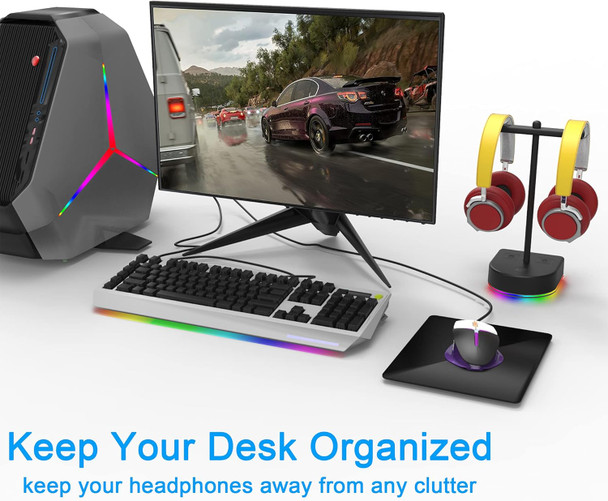 RGB Dual Headphone Stand with USB Charging Port, Desk Gaming Double Headset Holder,Durable Hanger Rack-Suitable for Desktop Table, Game, DJ, Earphone, PC, PS4, PS5, Xbox Gamer Accessories RGB Dual Headphone Stand with USB Charging Port, Desk Gaming Double Headset Holder,Durable Hanger Rack-Suitable for Desktop Table, Game, DJ, Earphone, PC, PS4, PS5, Xbox Gamer Accessories