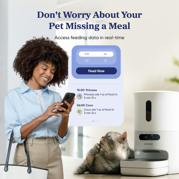 Pawsync Automatic Cat Feeder Wifi Smart Scale Tracks Pet'S Food Intake App Control 3.6L Timed Food Dispenser For Cats And Dogs Up To 10 Meals Per Day Stainless Steel Bowl Dual Power Supply