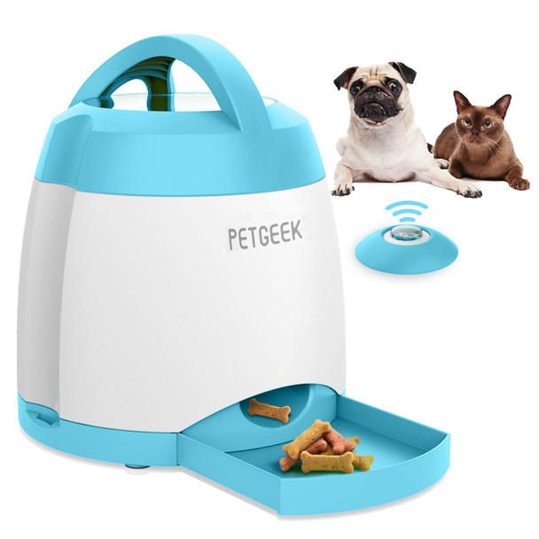 Petgeek Automatic Dog Treat Dispenser Interactive Pet Toy Food Dispensing For Iq Training Dog Food Dispenser With Button Remote Push Dual Power Supply For Indoor Outdoor Use Blue