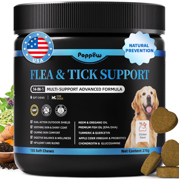 Poppaw Dog Flea And Tick Treatment Chewable 5-In-1 Natural Flea And Tick Prevention Chews Dog Oral Flea And Tick Support Supplement For All Breeds And Ages Chicken Flavor 135 Count