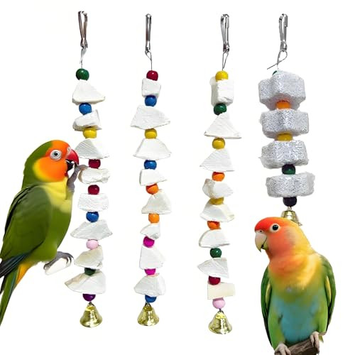 Prfokey Parrot Toys 4-Pack With Cuttlebone For Birds - Calcium Chew Toys & Grinding Stone For Parakeets Budgies Cockatiels Lovebirds - Promotes Beak Health Prevents Destructive Chewing Easy To Install