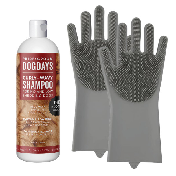 Pride And Groom Dogdays Curly + Wavy The Scrub Kit - Natural Dog Shampoo With Silicone Scrubber Gloves For Low Or No-Shedding Breeds With Coat Massage Clean Ingredients And Gentle Pet Grooming Care