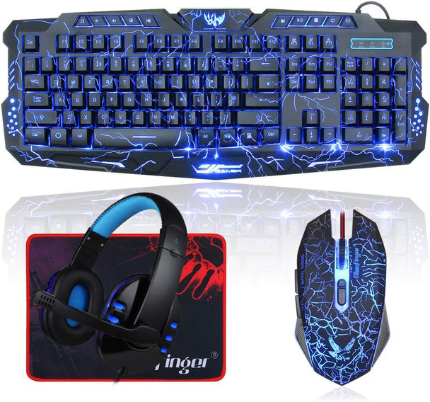 Backlit Gaming Keyboard and Mouse and LED Headset Combo,USB Wired 3 Color Crack Backlit Keyboard,Blue LED Light Gaming Headset,Gaming Keyboard Mouse Headphone Set for Work and Game Backlit Gaming Keyboard and Mouse and LED Headset Combo,USB Wired 3 Color Crack Backlit Keyboard,Blue LED Light Gaming Headset,Gaming Keyboard Mouse Headphone Set for Work and Game