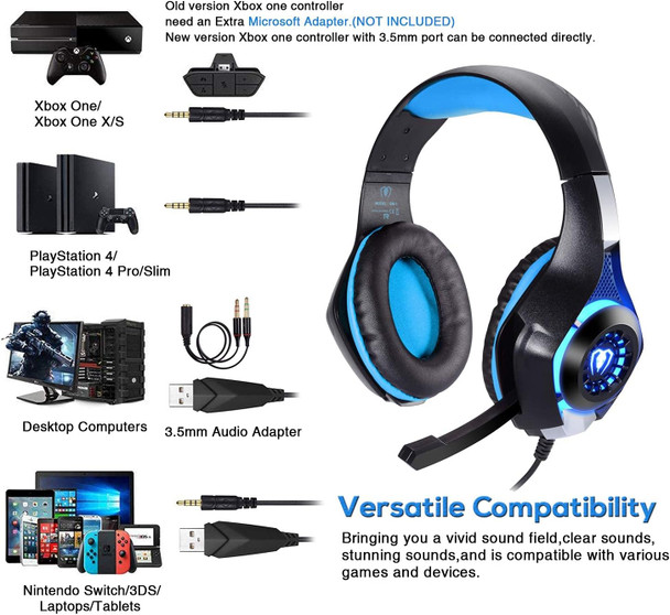 Professional 3.5mm PS4 Gaming Headset Headphone with Mic and LED Lights for Playstation 4, PS5, Xbox one,Laptop, Computer (Blue)