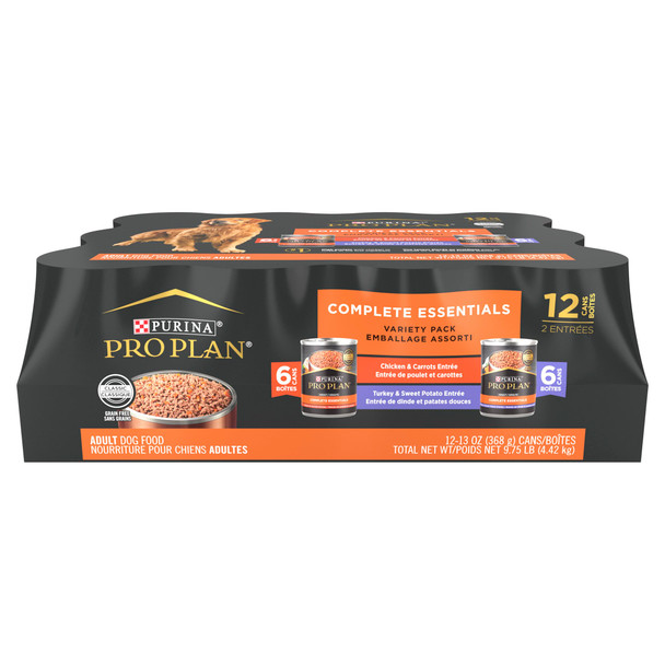 Purina Pro Plan Wet Dog Food Grain Complete Essentials Variety Pack Chicken And Carrots And Turkey And Sweet Potato Entrees - (Pack Of 12) 13 Oz. Cans