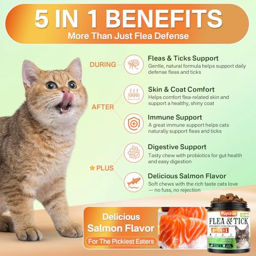Puyrzoe 4-In-1 Flea Treatment For Cats Chewable Natural Cat Flea And Tick Prevention Chewable Supplement For Skin & Coat Immunity Support Digestive Flea & Tick Treatment For All Breeds & Sizes