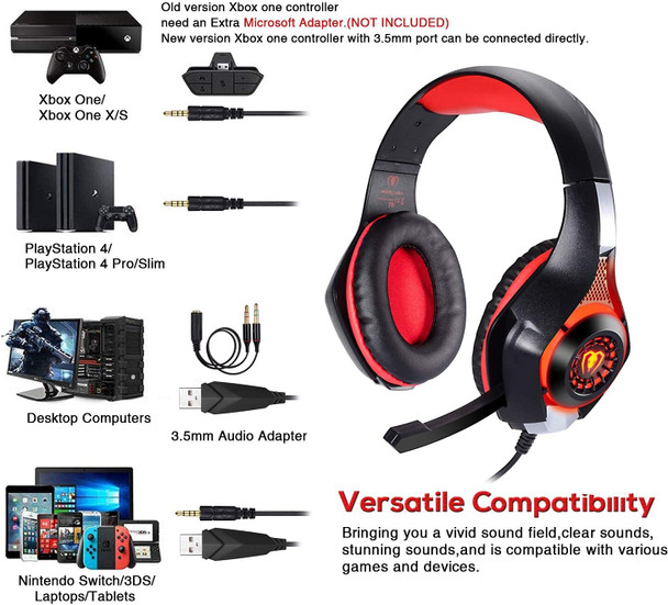 Stereo Gaming Headset for PlayStation 4 PS4, Over-Ear Headphones With Mic and LED Lights for Xbox One, PC, Laptop (Red) Stereo Gaming Headset for PlayStation 4 PS4, Over-Ear Headphones With Mic and LED Lights for Xbox One, PC, Laptop (Red)