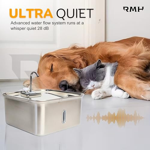 Rmh 7L Stainless Steel Cat & Dog Water Fountain With 12Ãƒæ’Ã¢‚¬16 Waterproof Anti-Slip Mat Automatic Pet Water Fountain With Quiet Pump Triple-Stage Filter & Led Water Window For Multi-Pet Homes