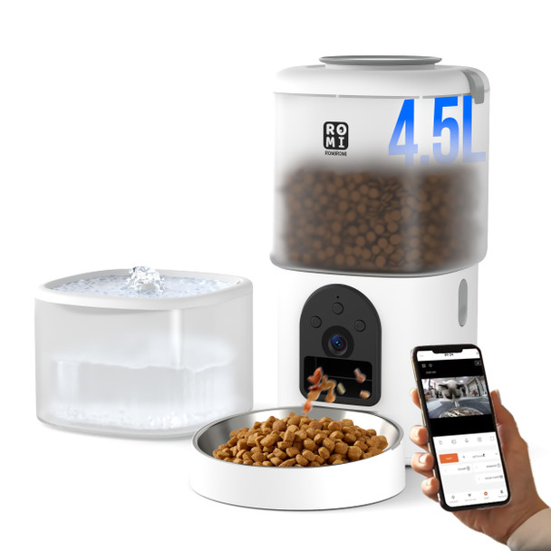 Romiromi Automatic Cat Feeder With Camera And Water Fountain 1080P Hd Video 2.4G&5G Wifi Timed Auto Feeder With App ControlMultiple Cats Detachable For Easy Clean-White