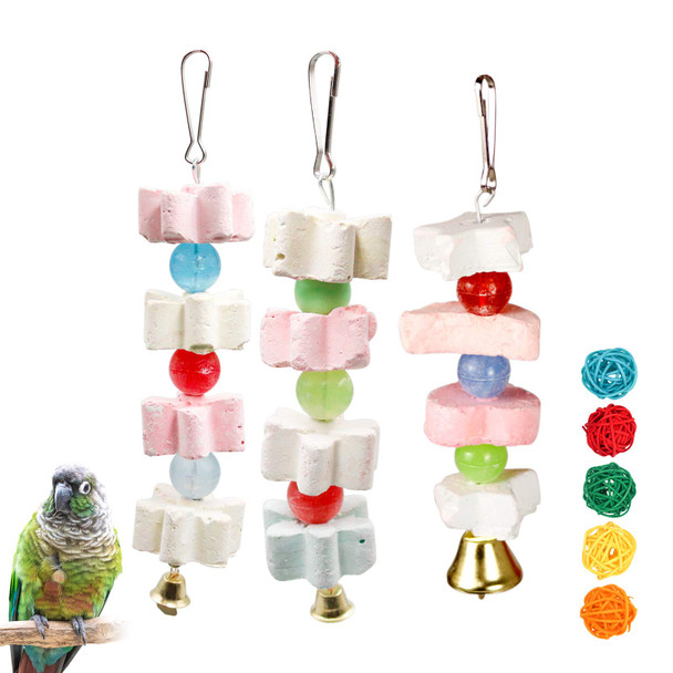 S-Mechanic 3Packs Parrot Chewing Toy Beak Trimmer Calcium Stone With Bellparrot For Cockatiel Conure African Grey Parrots Parakeet Cockatiel Bird (Style-2)