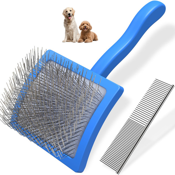 Saccison 2Pcs Slicker Brush For Dogs & Pet CombProfessional Dog Grooming Brush (GoldendoodlesPoodlesLabradoodles) With Extra Long Pins To Effectively Remove Tangles Knots And Mats (Blue Large)