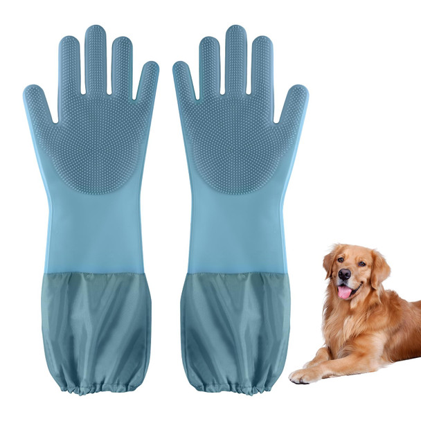 Senquoyn Dog Washing Gloves Pet Grooming Gloves Extra Long Arms (17.3") For Cats & Dogs Massage & Hair Removal Pet Glove (Hazy Blue)