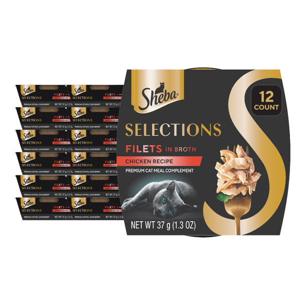 Sheba Selections Filets In Broth Adult Wet Cat Meal Complement Chicken Chicken & Tuna Or Chicken & Shrimp Recipe 1.3 Oz. Cups 24 Count