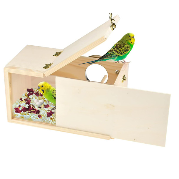 Shurung Parrot Nesting Box Cockatiel Nesting Box Bird Breeding Box House Handcrafted Wooden Acrylic Transparent Bird Box With Detachable Wooden Board For Parakeets Cockatiel Budgie Conure Parrot L