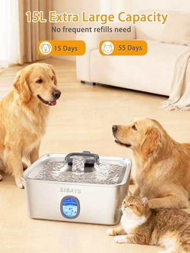 Sibays 4Gal/15L Large Dog Water Fountain Stainless Steel Pet Fountain With Water Window & Led Light Ultra Quiet Automatic Dog Water Bowl Dispenser For Large Dogs & Multi-Pet Easy To Clean Fs76