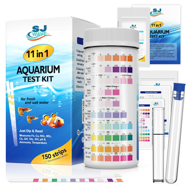 Sj Wave 11 In 1 - Aquarium Test Strips 950 Tests - 150 Strips Fish Tank Aquariums Water Test Kit & Ebook Aquarium Thermometer Fish Tank Water Testing Kit Includes 50 Ammonia Strips Versatile Usage