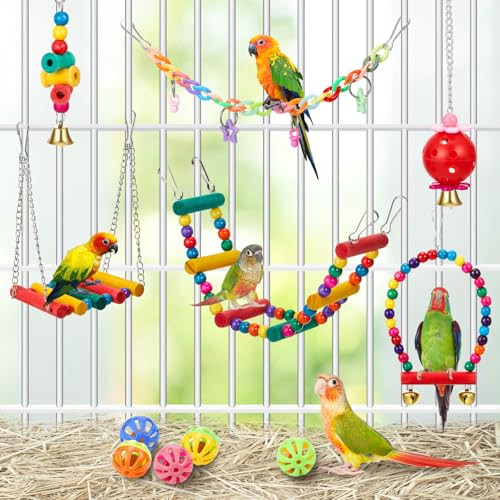 Sonwyoung 12 Pcs Cockatiel Toys Bird Toys For Conures Bird Cage Accessories Parakeets Perches Cage Parrot Ladders For Hanging Swinging Standing Chewing Climbing Training