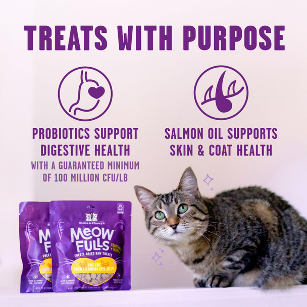 Stella & Chewy'S Meowfulls Ze Dried Cat Treats - Chicken & Chicken Liver Recipe - Raw Protein With Probiotics & Salmon Oil - 1 Calorie Per Treat - 1.5 Oz