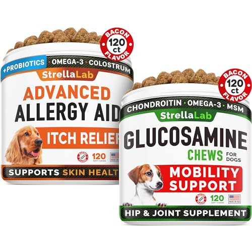 Strellalab Advanced Allergy & Itch Relief + Glucosamine Dogs Bundle - Skin & Coat Health - Fish Oil Omega 3 & Probiotics + Chondroitin Msm - Anti-Itch & Hot Spots + Hip & Joint Care - 240 Ct - Made In Usa
