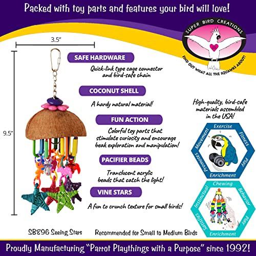 Super Bird Creations Super Bird Creations Sb896 Seeing Stars Bird Toy - Interactive Foraging Toy Ideal For Parrotlets Parakeets Cockatiels Stimulates Mental And Physical Activity - Small/Medium Bird Size 9.5" X 3.5"