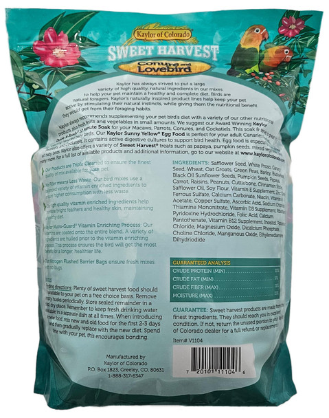 Sweet Harvest Conure And Lovebird Bird Food 4 Lbs Bag - Seed Mix For Conures And Lovebirds