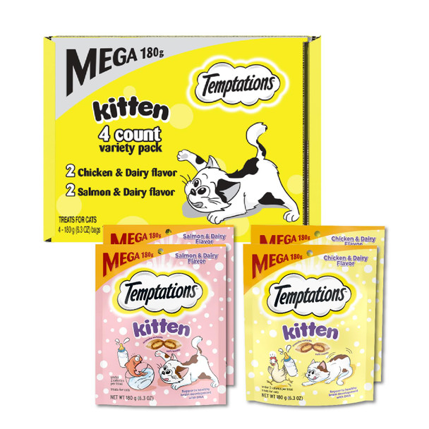 Temptations Kitten Crunchy And Soft Treats Chicken And Dairy And Salmon And Dairy Variety Pack 6.3 Oz. Pouches (Pack Of 4)