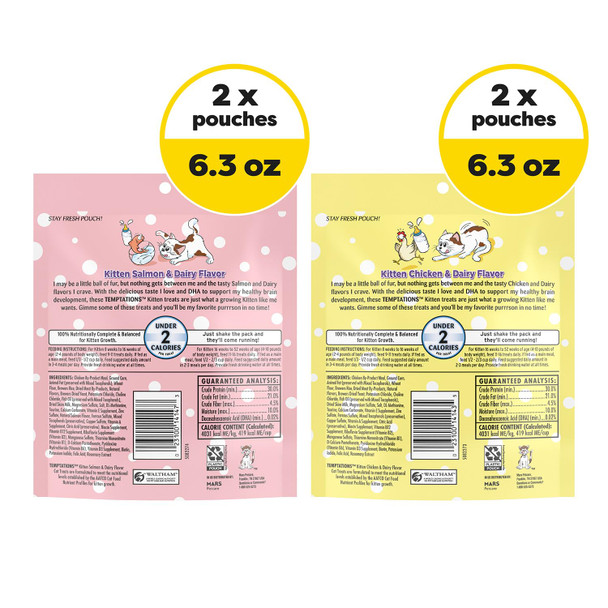 Temptations Kitten Crunchy And Soft Treats Chicken And Dairy And Salmon And Dairy Variety Pack 6.3 Oz. Pouches (Pack Of 4)